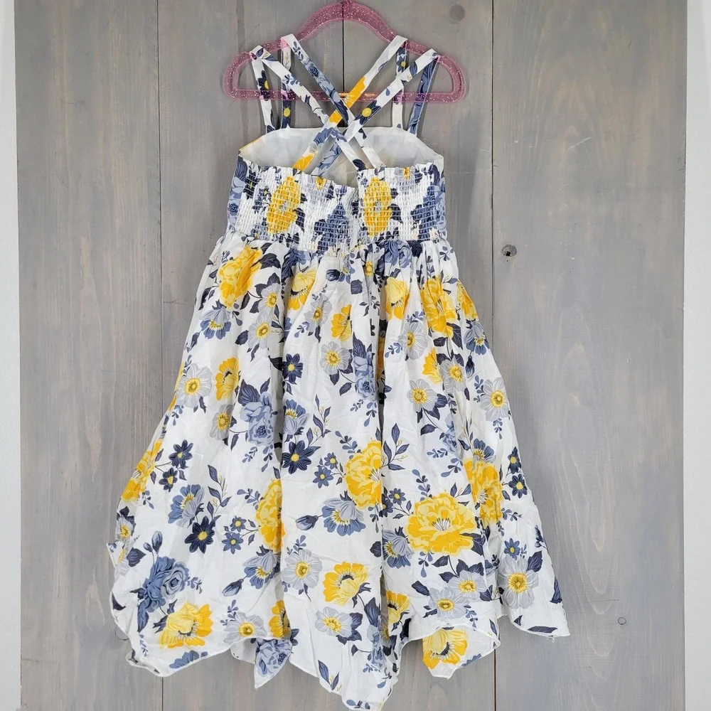 Joie‎ Floral Dress Girls Size 8 White Yellow Blue Hankerchief Hem Smocked